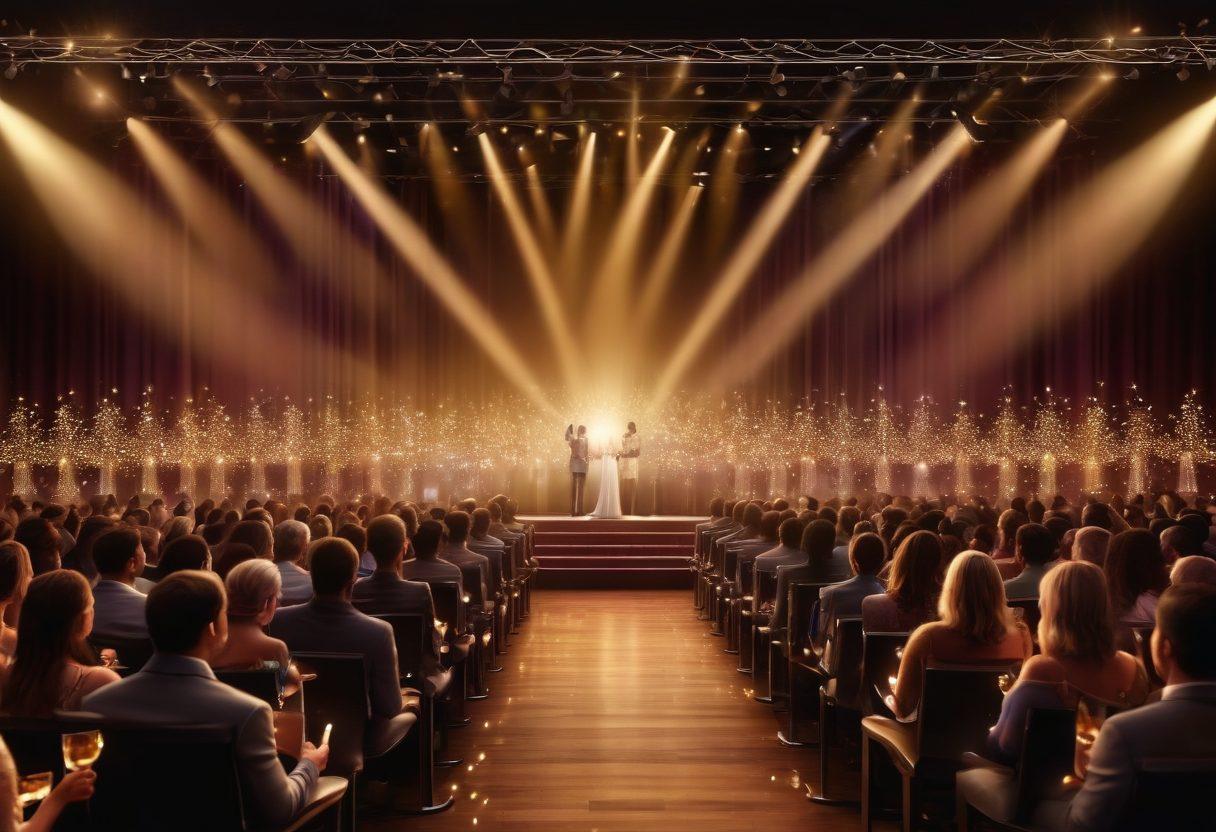 A glamorous awards ceremony with a spotlight illuminating a diverse group of smiling nominees standing on a grand stage, holding shimmering trophies. The background is filled with twinkling fairy lights and a joyful audience clapping. Emphasize elegance, joy, and celebration. super-realistic. vibrant colors. 3D.