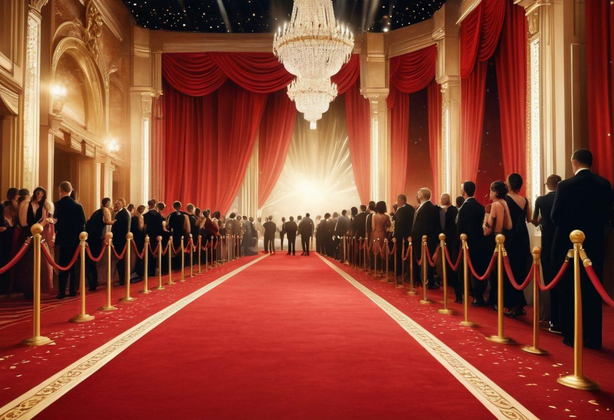 A glamorous red carpet scene featuring elegantly dressed celebrities arriving at a lavish gala, surrounded by flashing cameras and excited fans. In the background, a beautifully decorated stage displaying awards and golden trophies, with twinkling lights creating an enchanting atmosphere. Capture the excitement and anticipation of the evening, with a focus on the emotional expressions of the attendees, and luxurious decor elements. super-realistic. vibrant colors. dramatic lighting.