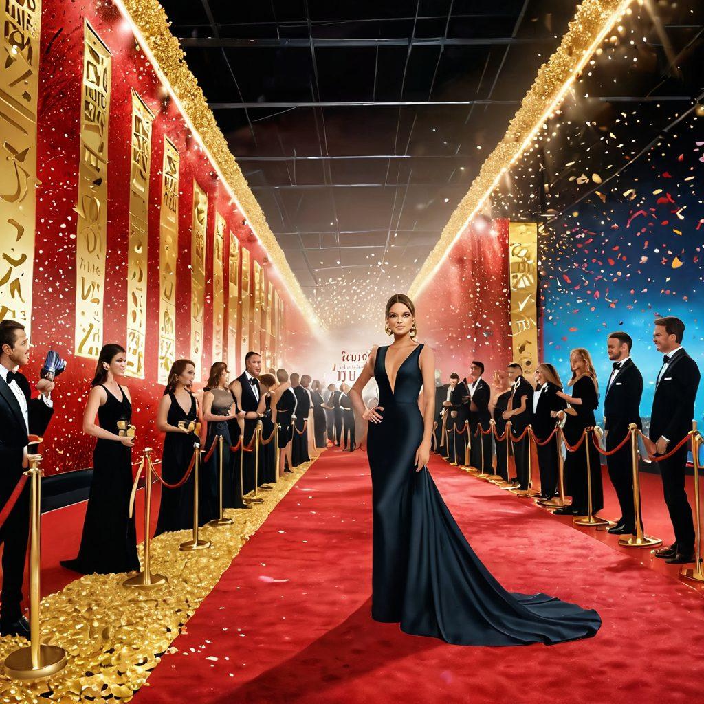 A dazzling red carpet scene with glamorous celebrities in elegant evening gowns and sharp tuxedos, surrounded by flashing cameras and golden awards. Sparkling lights illuminate the setting with a backdrop of a stylish awards stage showcasing glittering trophies. The atmosphere should be festive, depicting joy and celebration with confetti falling from above. The inclusion of a large 'Super Happy Fame Awards' banner enhances the theme. vibrant colors. super-realistic.